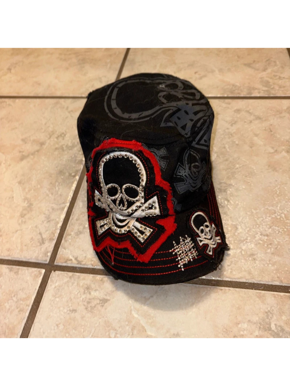 90’s Y2k Grunge Alternative Black Distressed Hat with bedazzled skull